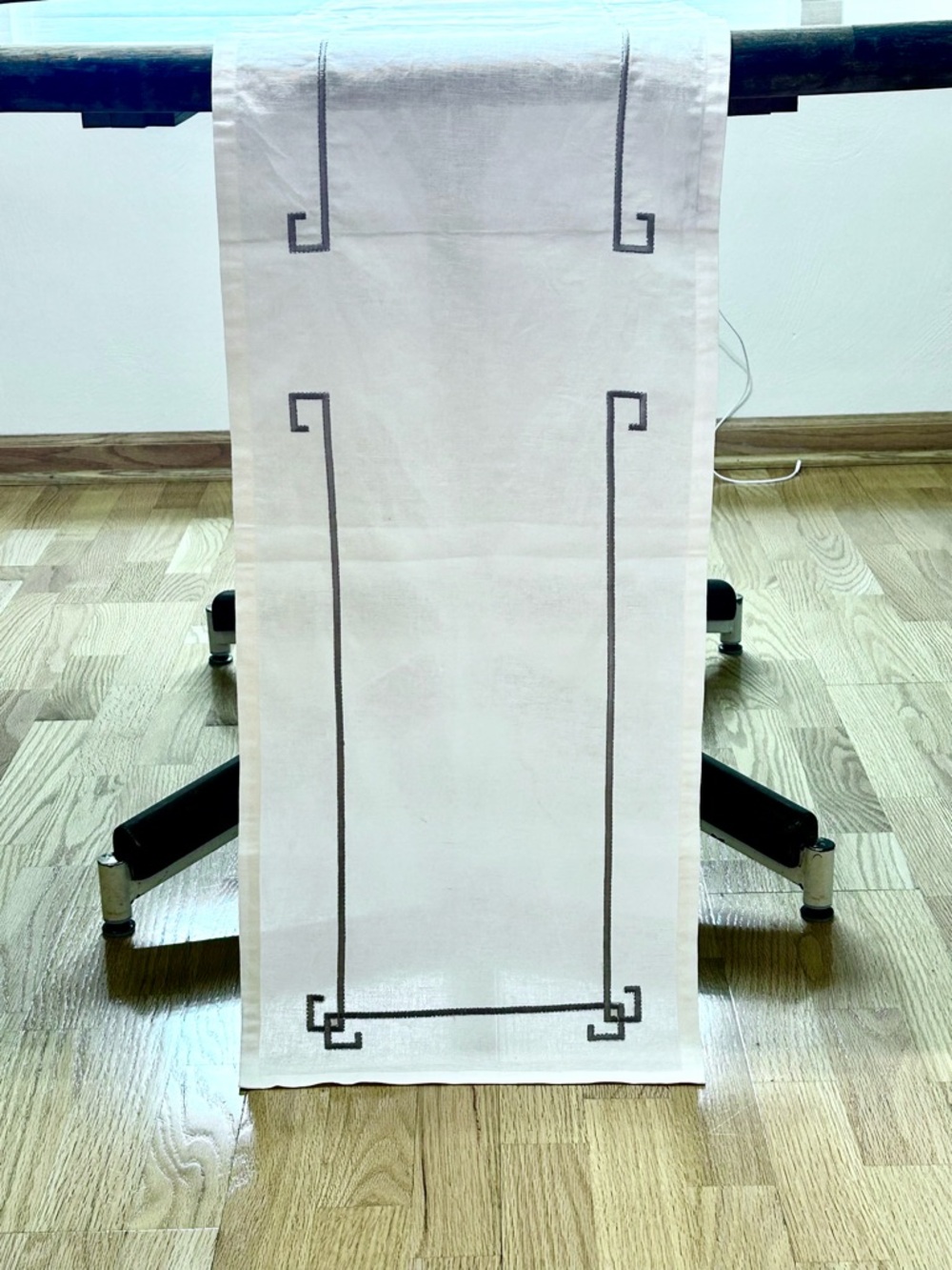Kim Sebert Table Runner Linen Cotton Silver Embroidered Greek Key Border